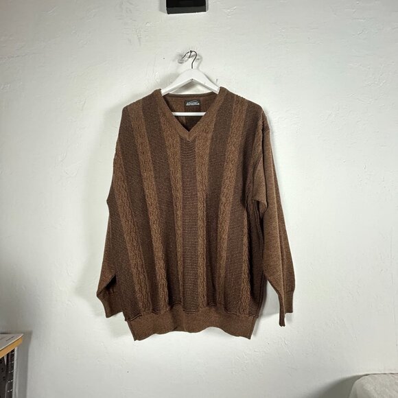 Vintage Cooper V-Neck Sweater Mens Large Merino Wool Blend Brown Striped Casual - Picture 1 of 5